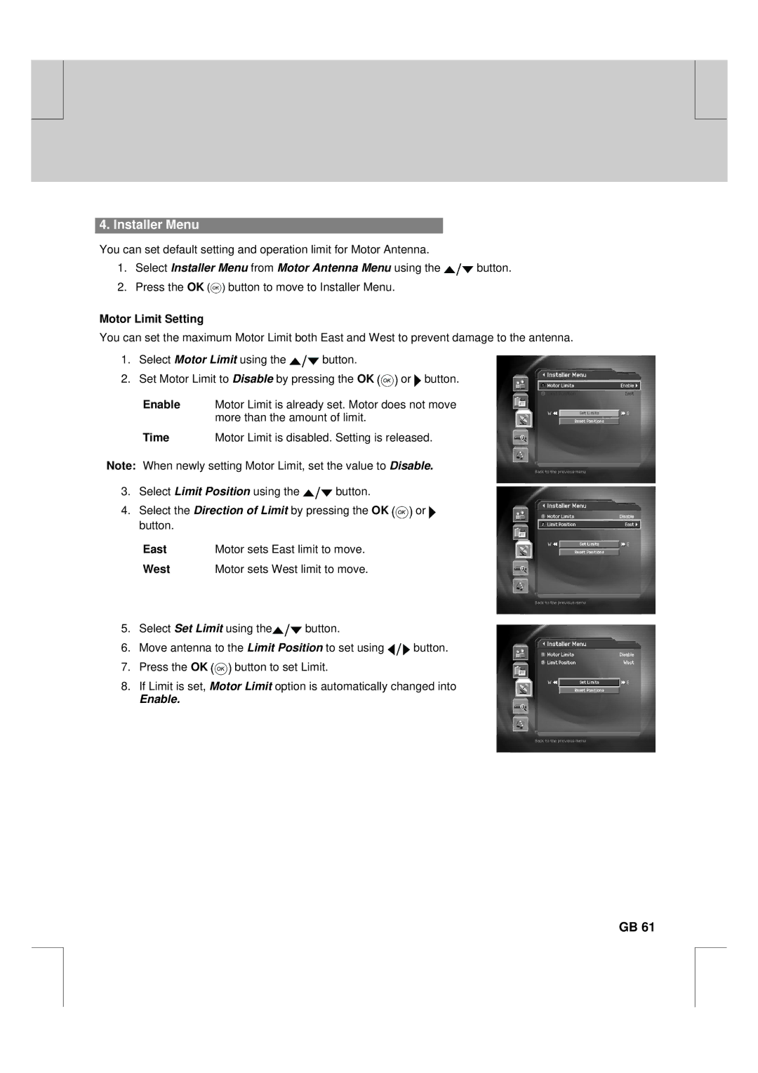 Humax F2-FOX warranty Installer Menu, Motor Limit Setting, East West, Enable 