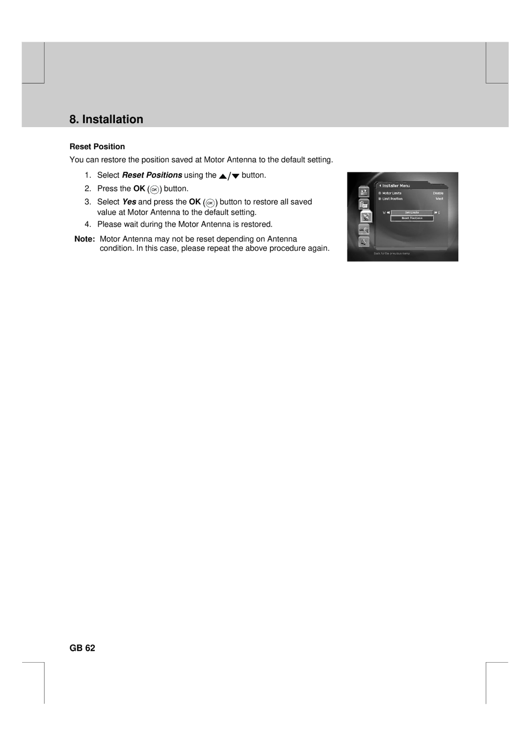 Humax F2-FOX warranty Installation, Reset Position 