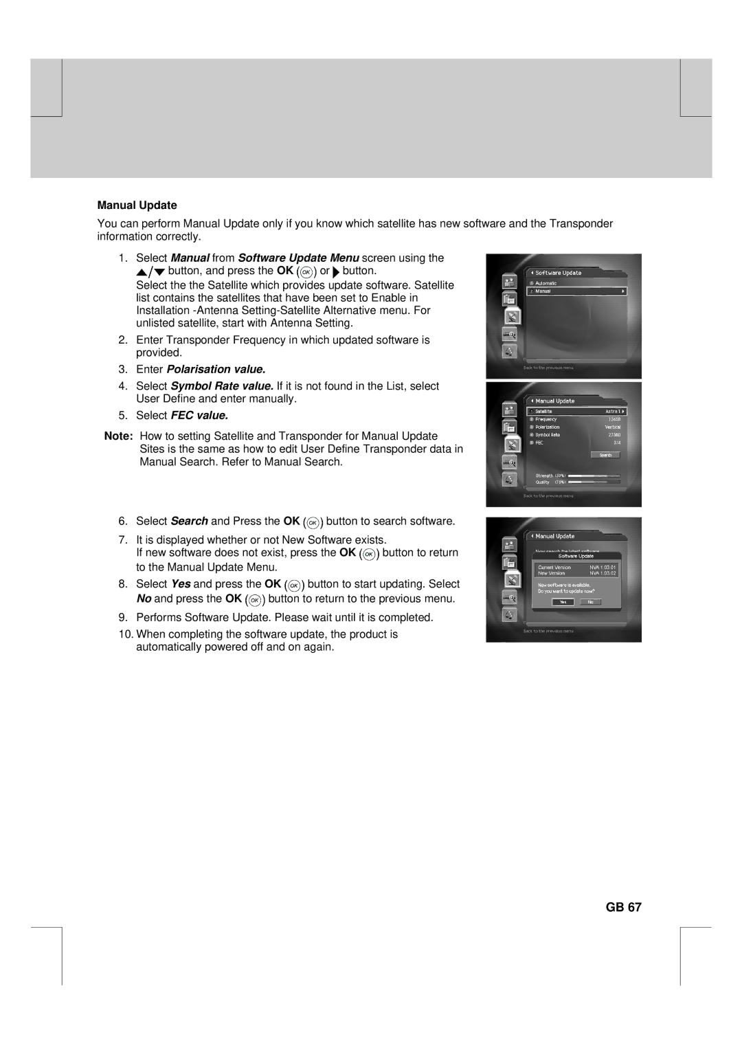 Humax F2-FOX warranty Manual Update, Enter Polarisation value, Select FEC value 