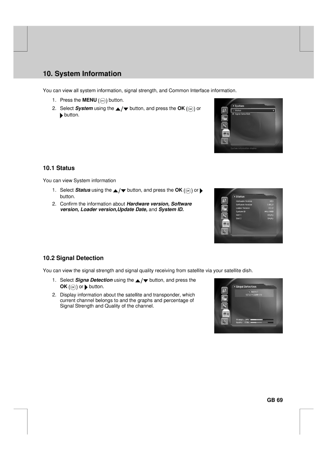 Humax F2-FOX warranty System Information, Status, Signal Detection 