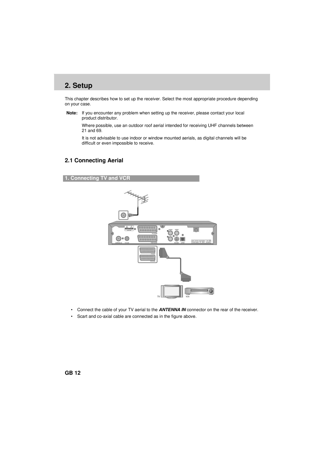 Humax F2-FOXT manual Setup, Connecting Aerial, Connecting TV and VCR 