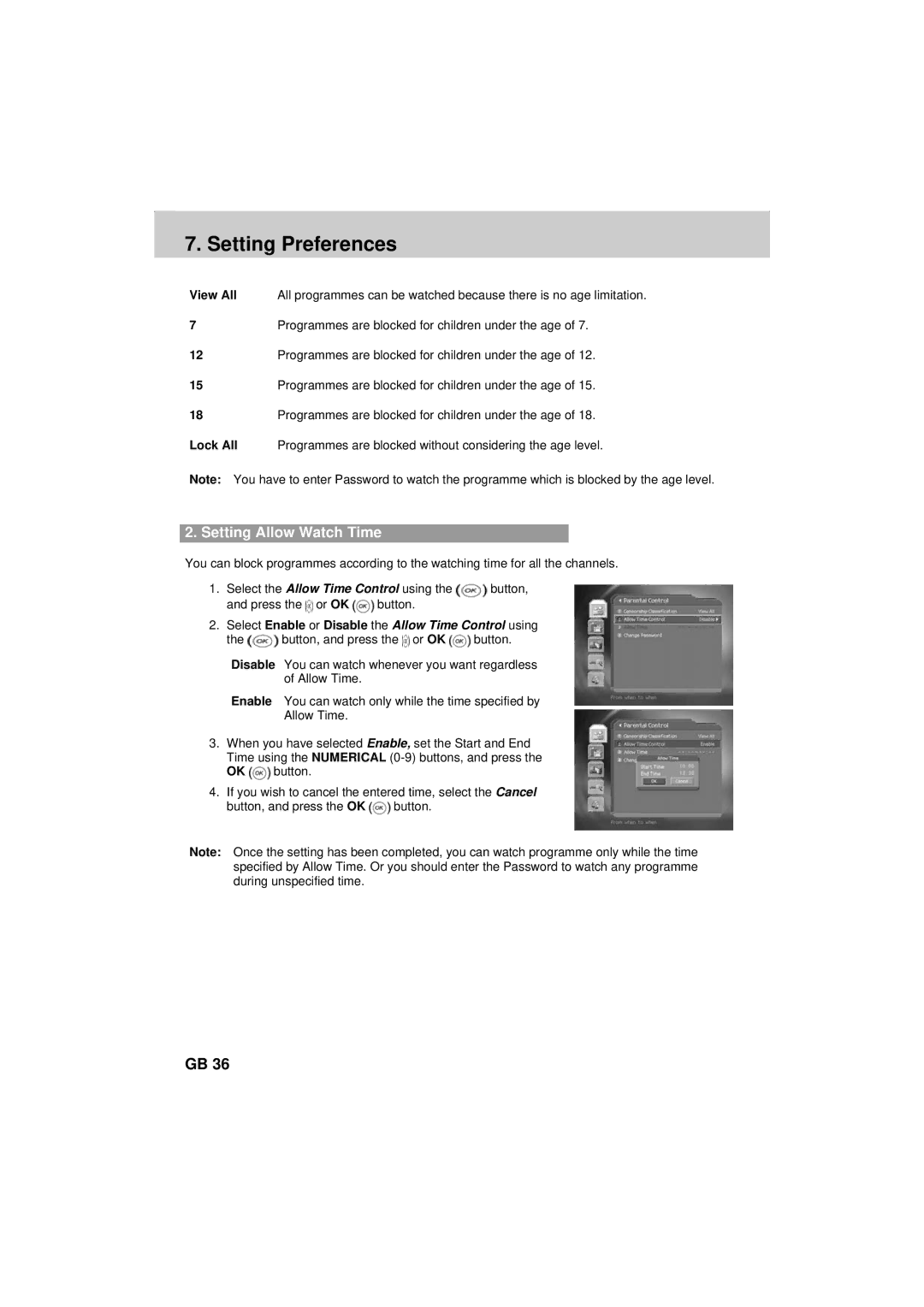 Humax F2-FOXT manual Setting Allow Watch Time 