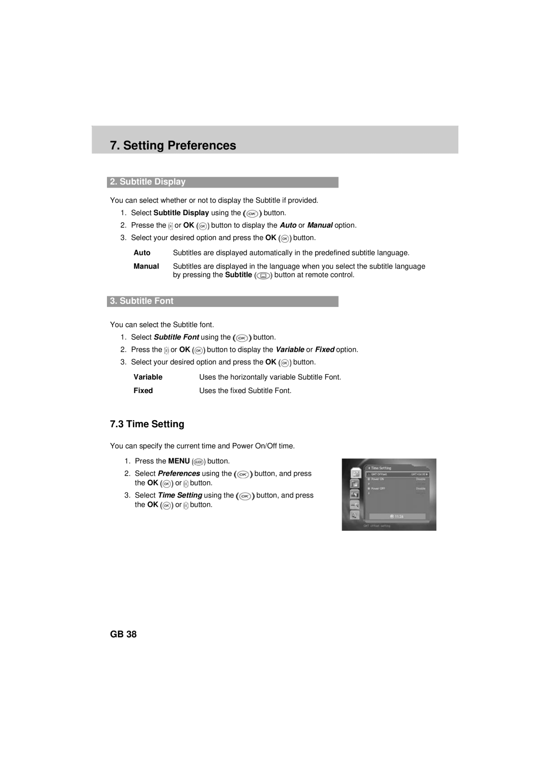 Humax F2-FOXT manual Time Setting, Subtitle Display, Variable, Fixed Uses the fixed Subtitle Font 