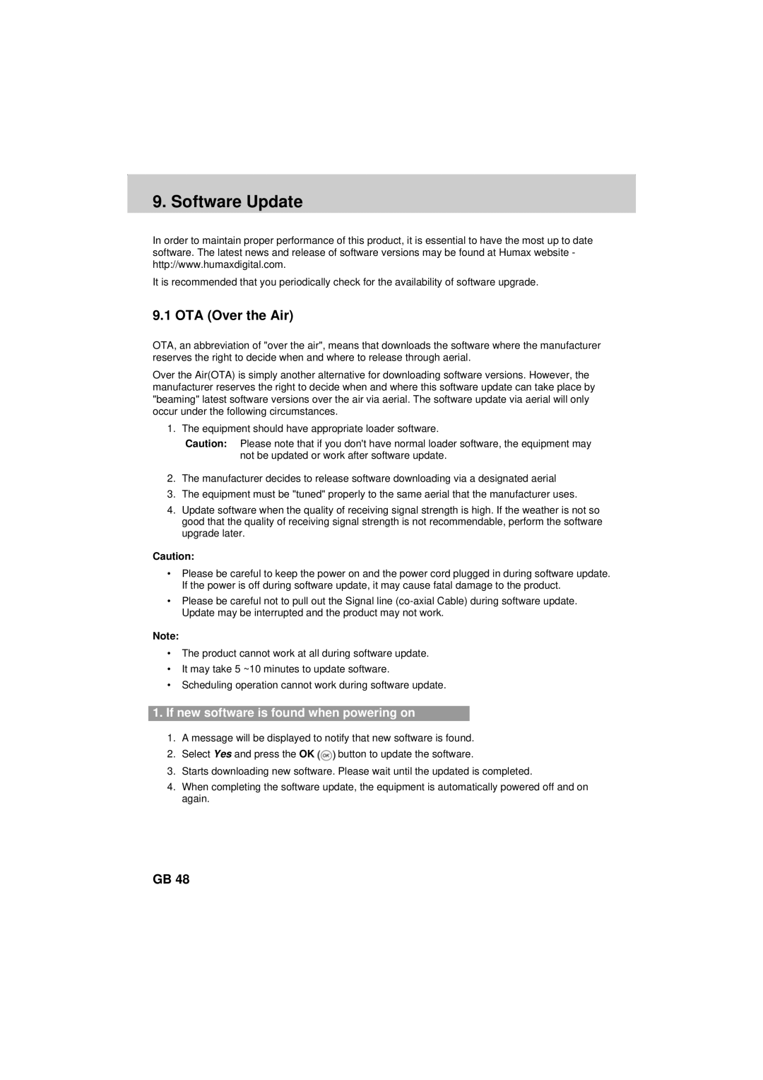 Humax F2-FOXT manual Software Update, OTA Over the Air, If new software is found when powering on 