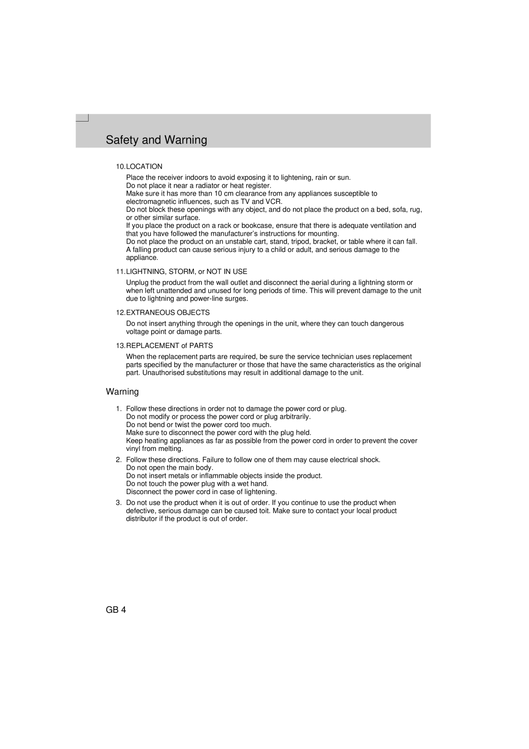 Humax F2-FOXT manual LIGHTNING, STORM, or not in USE, Replacement of Parts 