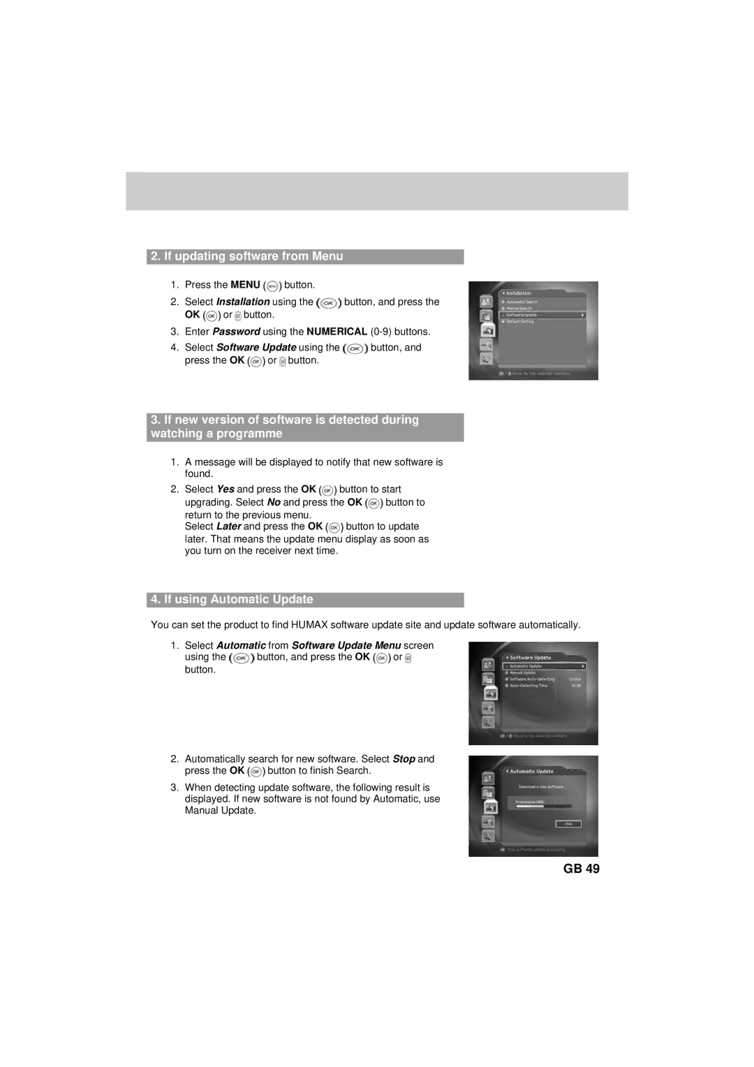 Humax F2-FOXT manual If updating software from Menu, If using Automatic Update 