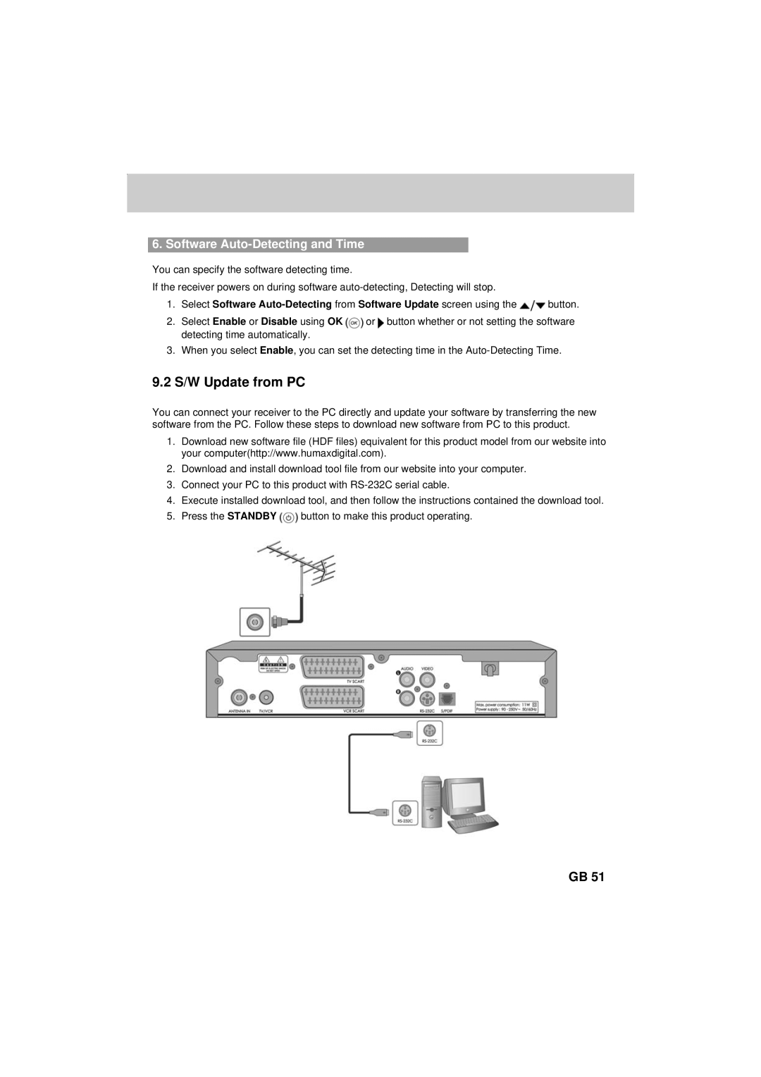 Humax F2-FOXT manual S/W Update from PC, Software Auto-Detecting and Time 