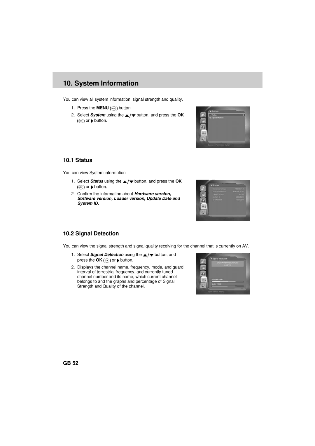 Humax F2-FOXT manual System Information, Status, Signal Detection 