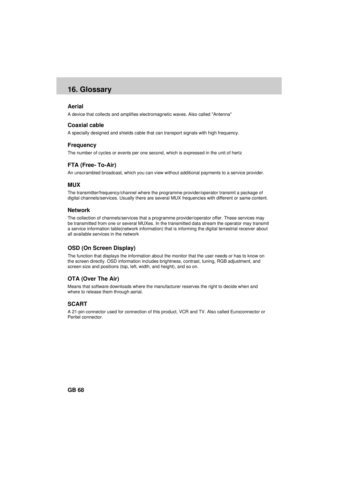 Humax F2-FOXT manual Glossary, FTA Free- To-Air 