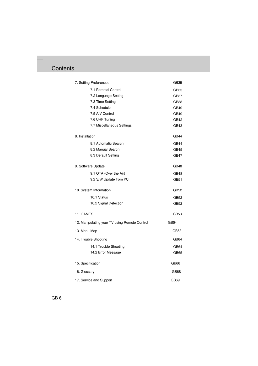 Humax F2-FOXT Setting Preferences GB35, Installation GB44, GB53, Manipulating your TV using Remote Control GB54, GB63 