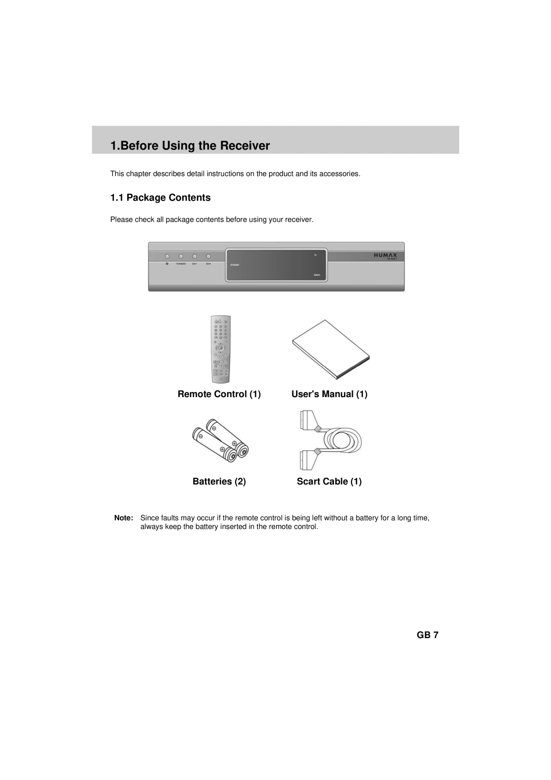 Humax F2-FOXT manual Before Using the Receiver, Package Contents 