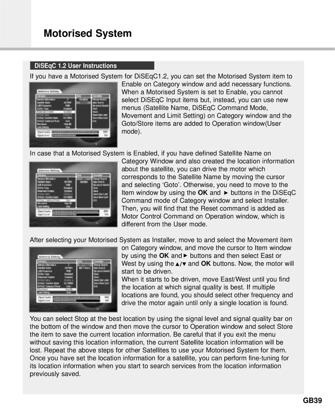 Humax F2-Green manual Motorised System, GB39, DiSEqC 1.2 User Instructions 