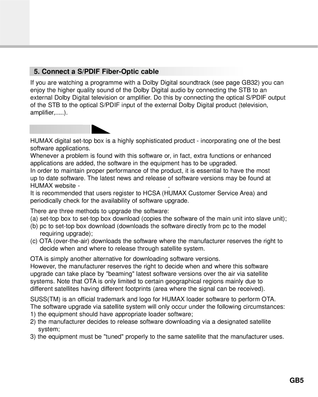 Humax F2-Green manual Connect a S/PDIF Fiber-Optic cable, Software Upgrade 