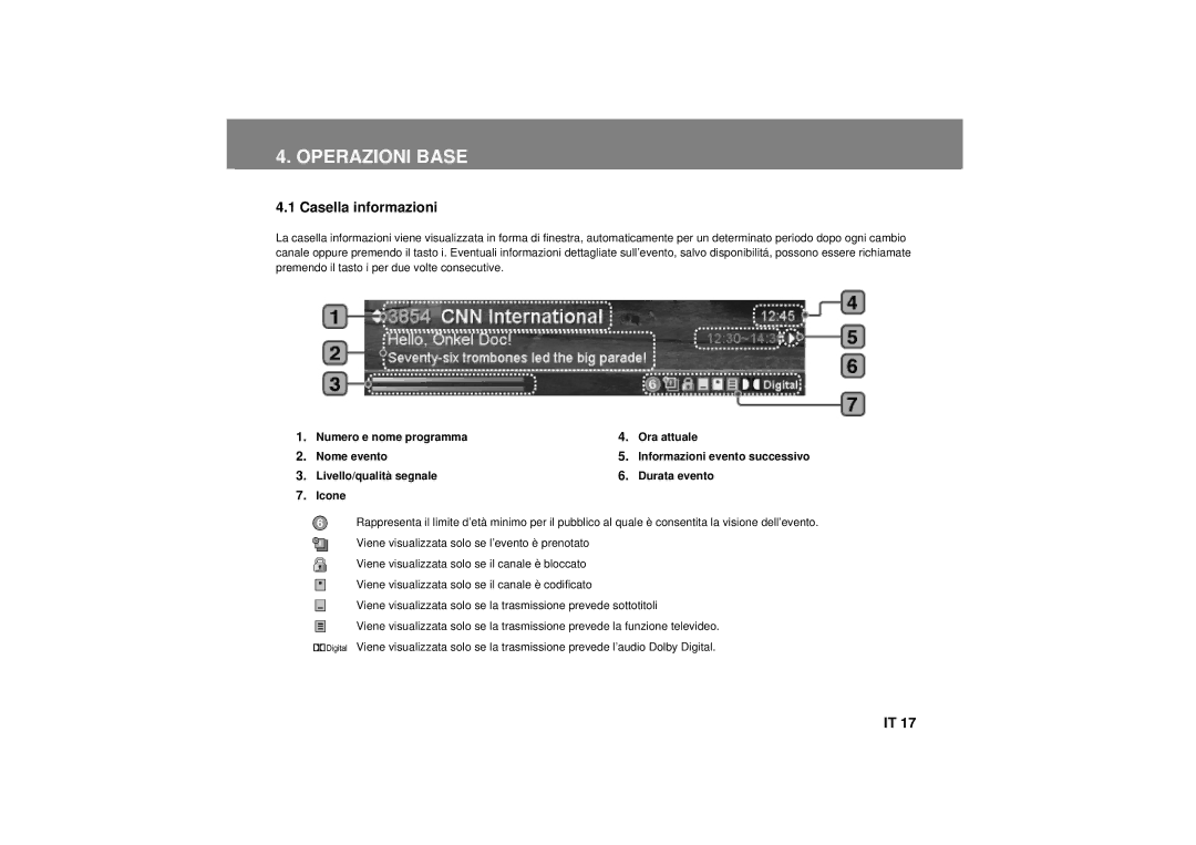 Humax F3-FOX CI manual Operazioni Base, Casella informazioni, Numero e nome programma Ora attuale Nome evento 