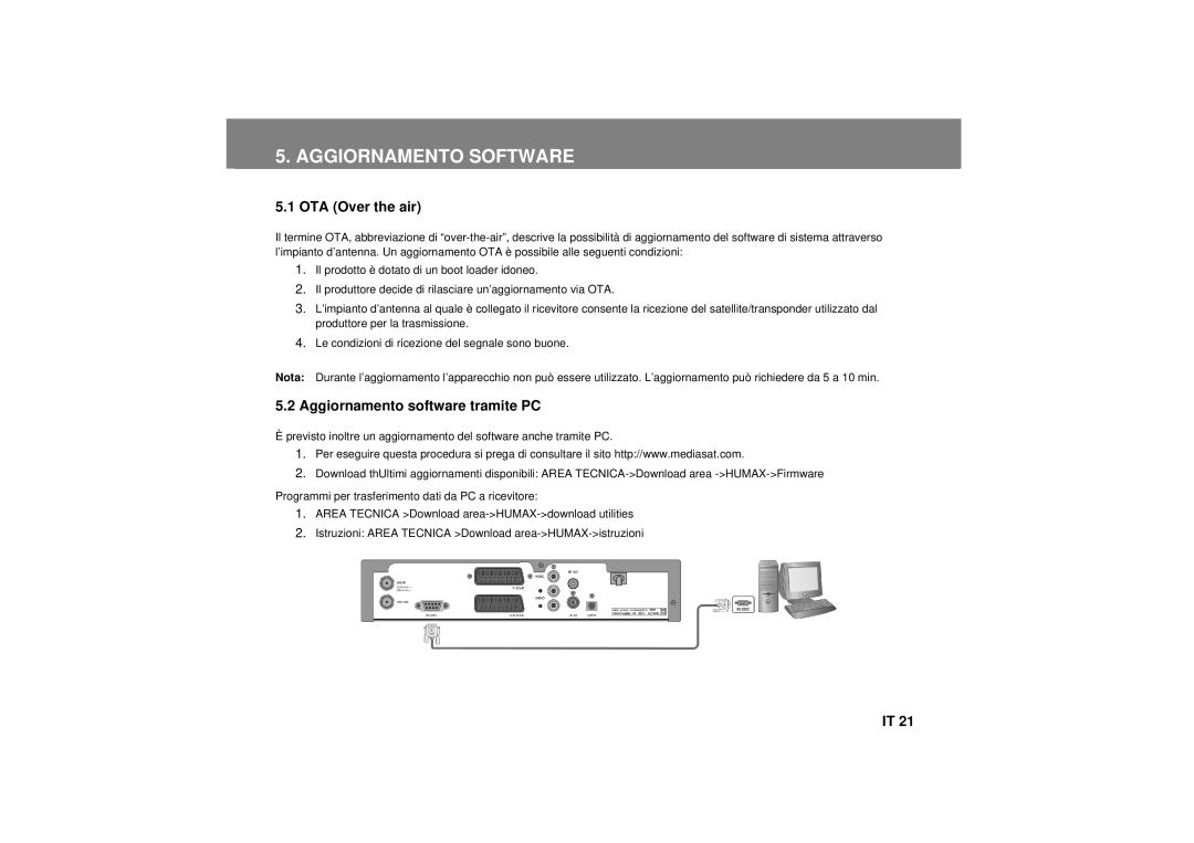 Humax F3-FOX CI manual Aggiornamento Software, OTA Over the air, Aggiornamento software tramite PC 