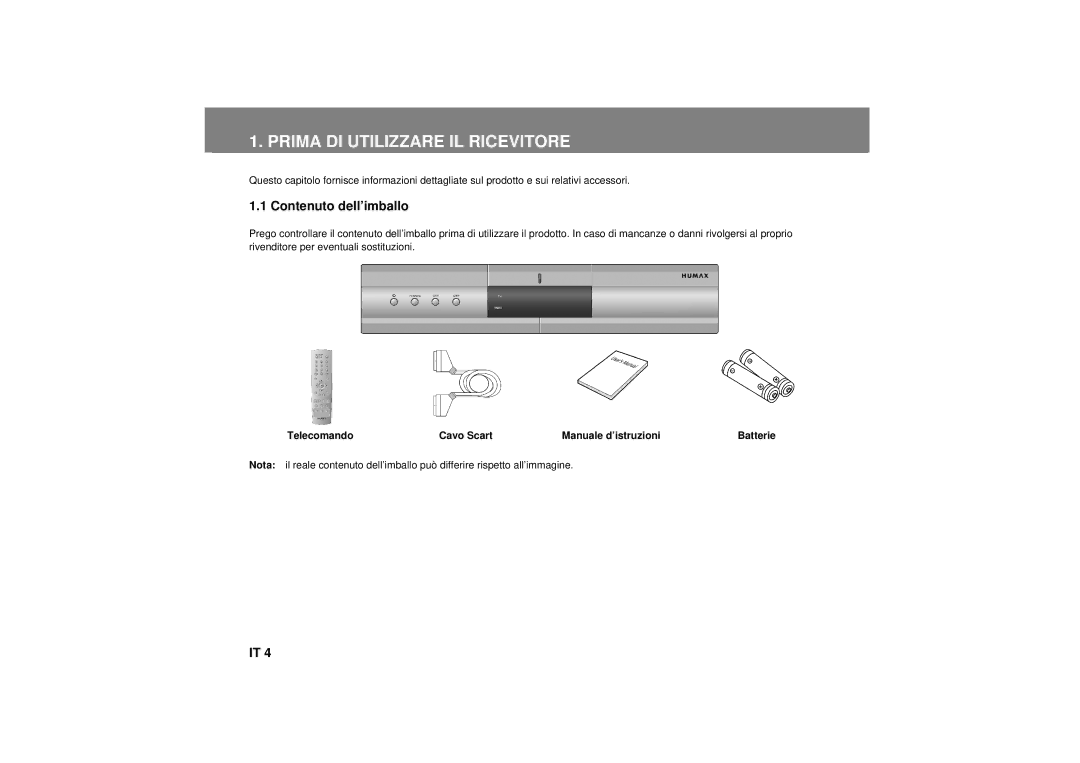 Humax F3-FOX CI Prima DI Utilizzare IL Ricevitore, Contenuto dell’imballo, Telecomando Cavo Scart Manuale d’istruzioni 