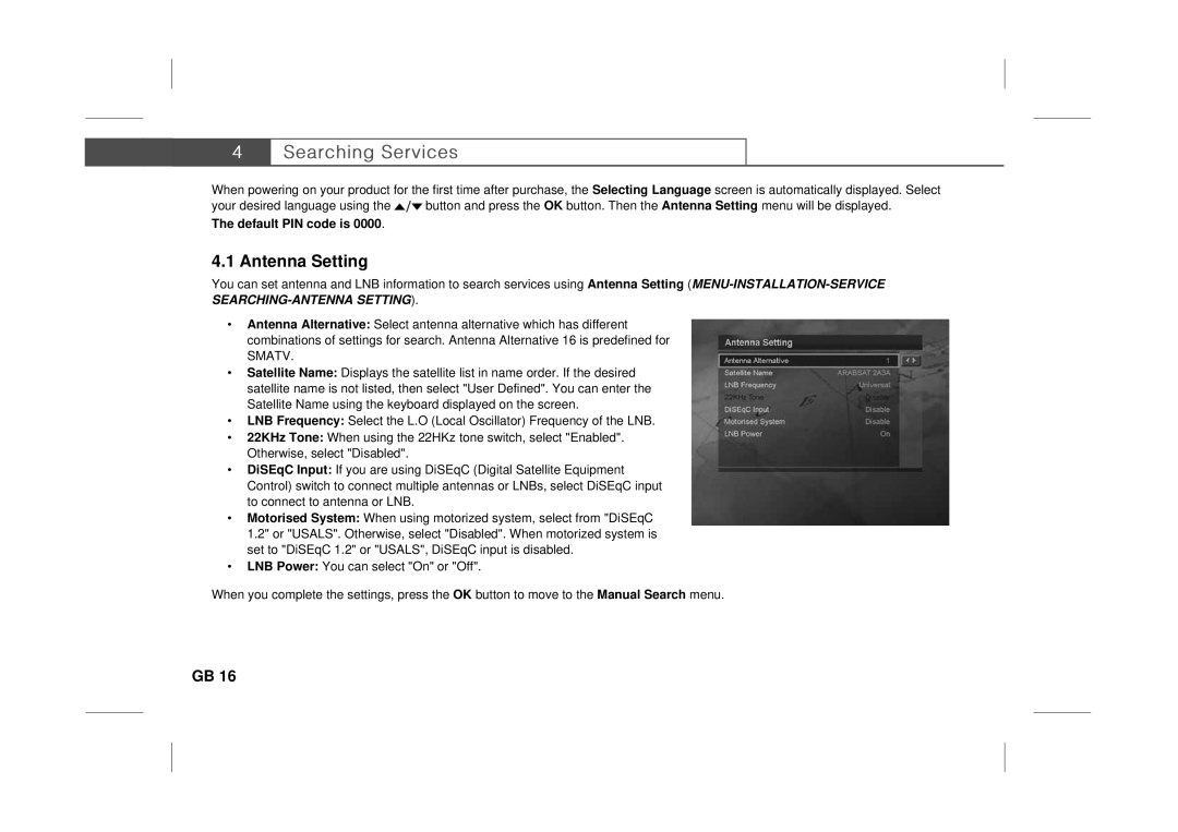 Humax F3-FOX CI manual Antenna Setting, Default PIN code is 