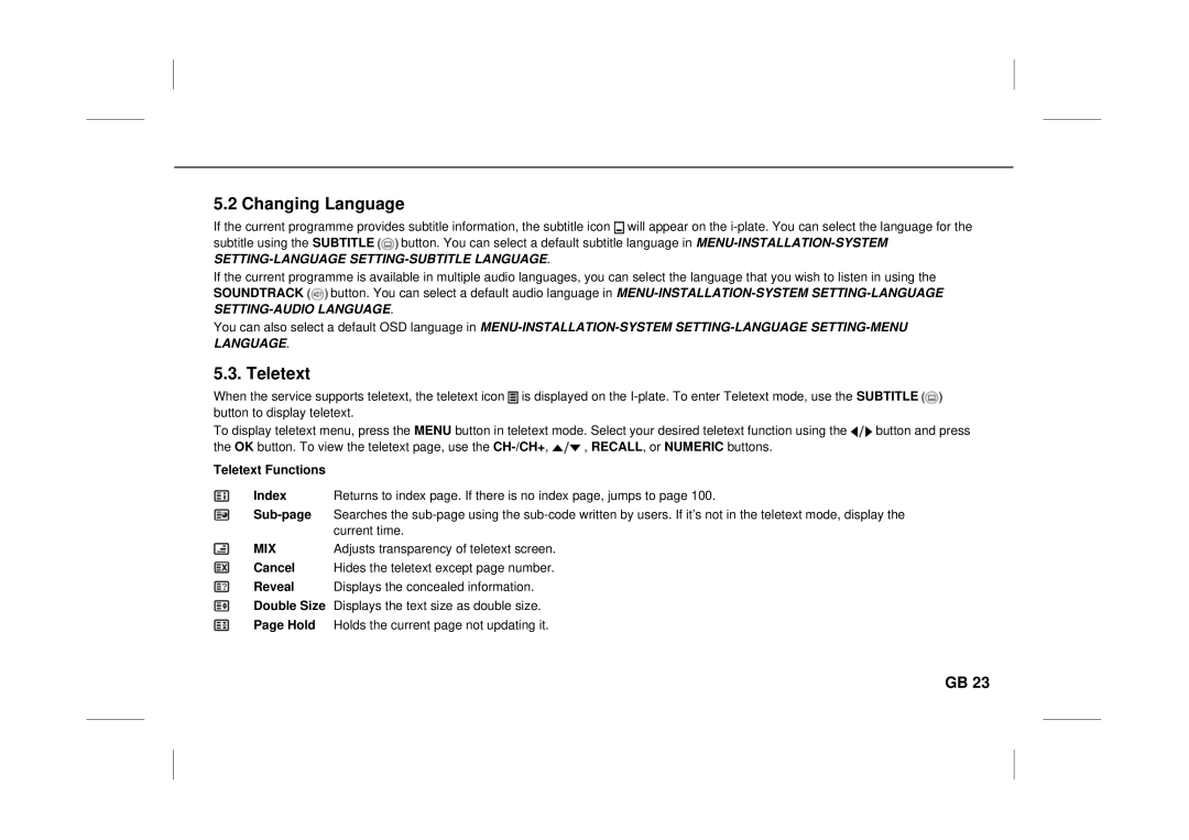 Humax F3-FOX CI manual Changing Language, Teletext, Current time, Adjusts transparency of teletext screen 