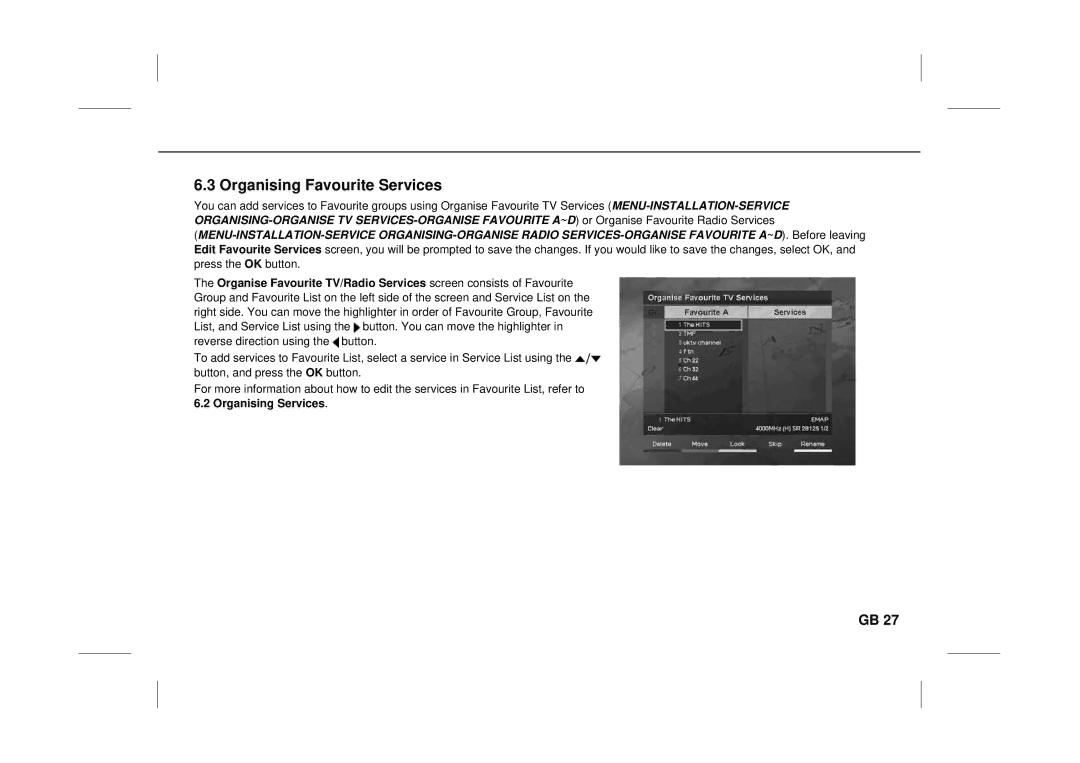 Humax F3-FOX CI manual Organising Favourite Services 