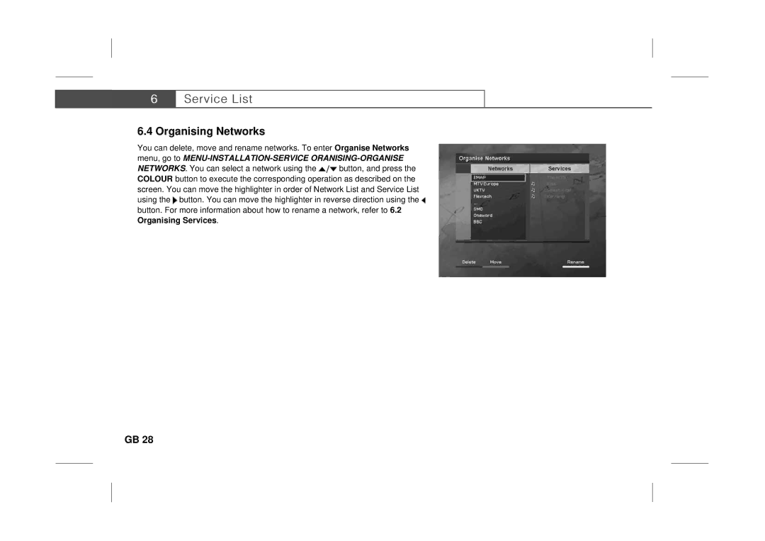 Humax F3-FOX CI manual Organising Networks, Menu, go to MENU-INSTALLATION-SERVICE ORANISING-ORGANISE 