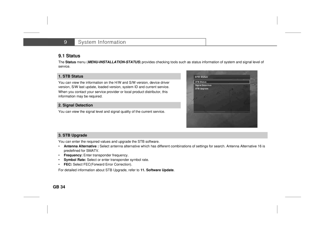 Humax F3-FOX CI manual STB Status, Signal Detection, STB Upgrade 