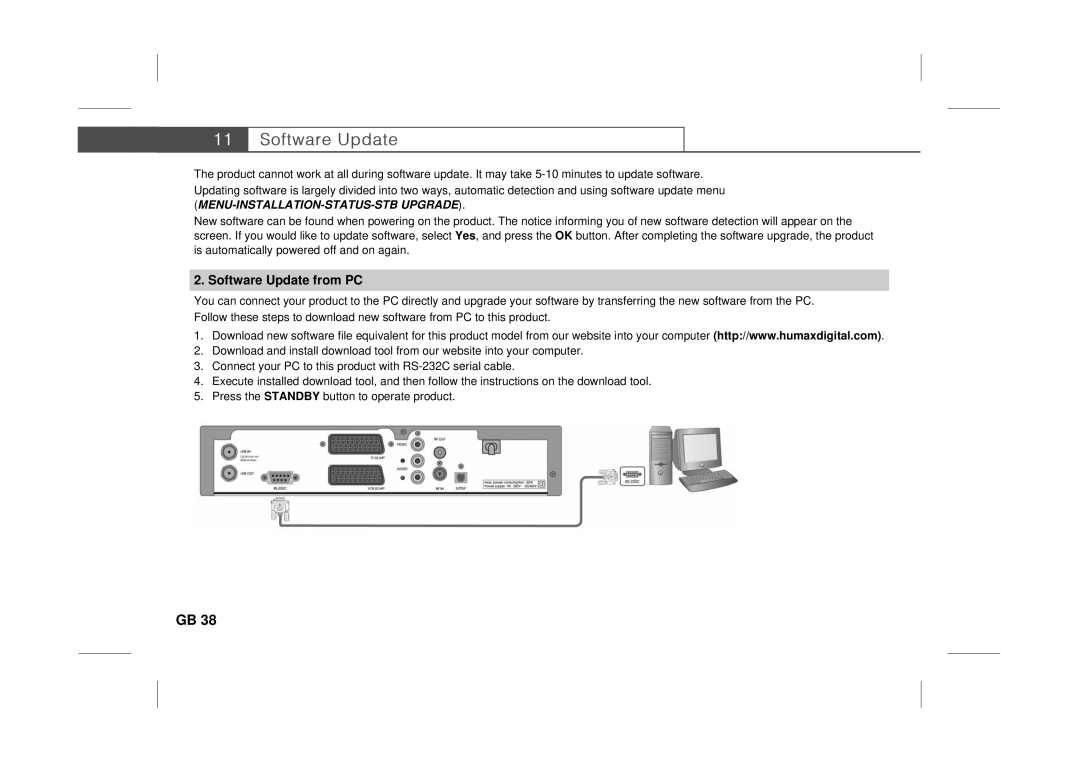 Humax F3-FOX CI manual Software Update from PC, MENU-INSTALLATION-STATUS-STB Upgrade 