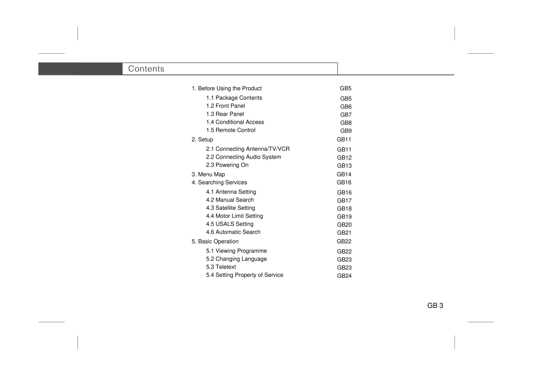 Humax F3-FOX CI manual Before Using the Product, Setup GB11, Menu Map GB14 Searching Services GB16, Basic Operation GB22 