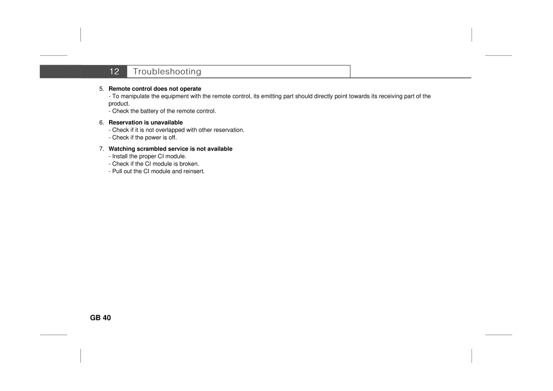 Humax F3-FOX CI Remote control does not operate, Reservation is unavailable, Watching scrambled service is not available 