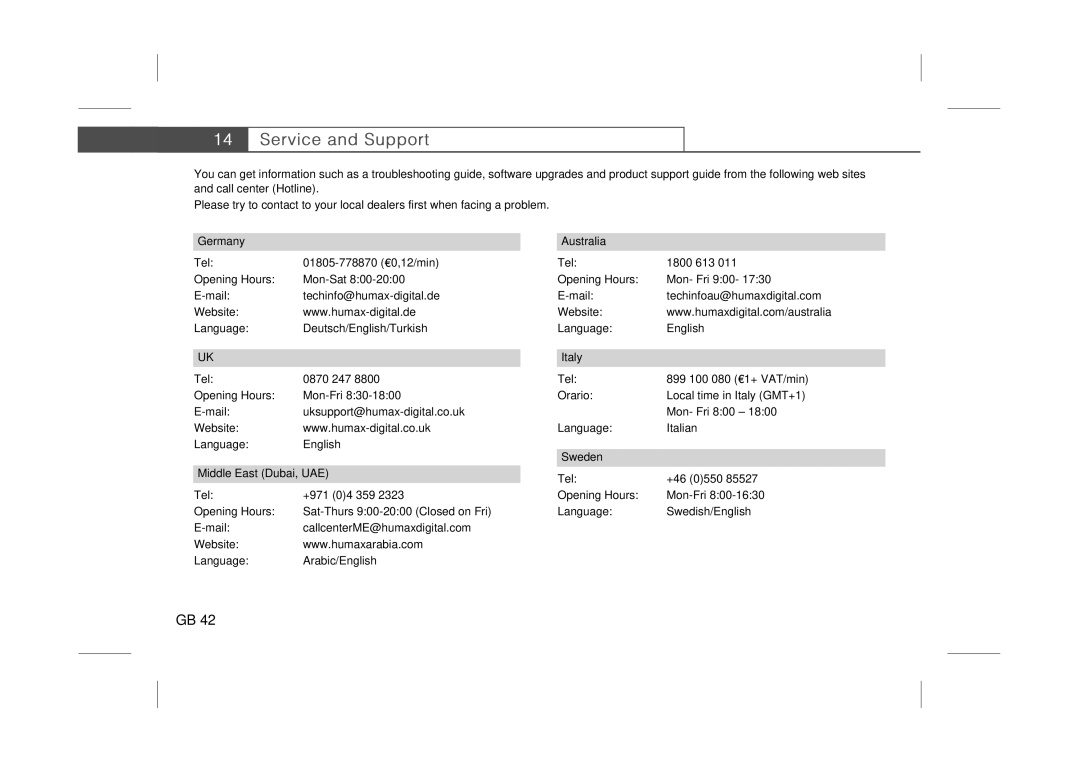 Humax F3-FOX CI manual Germany Tel, Opening Hours, Mail, Website Language, Middle East Dubai, UAE, Australia Tel, Italy Tel 