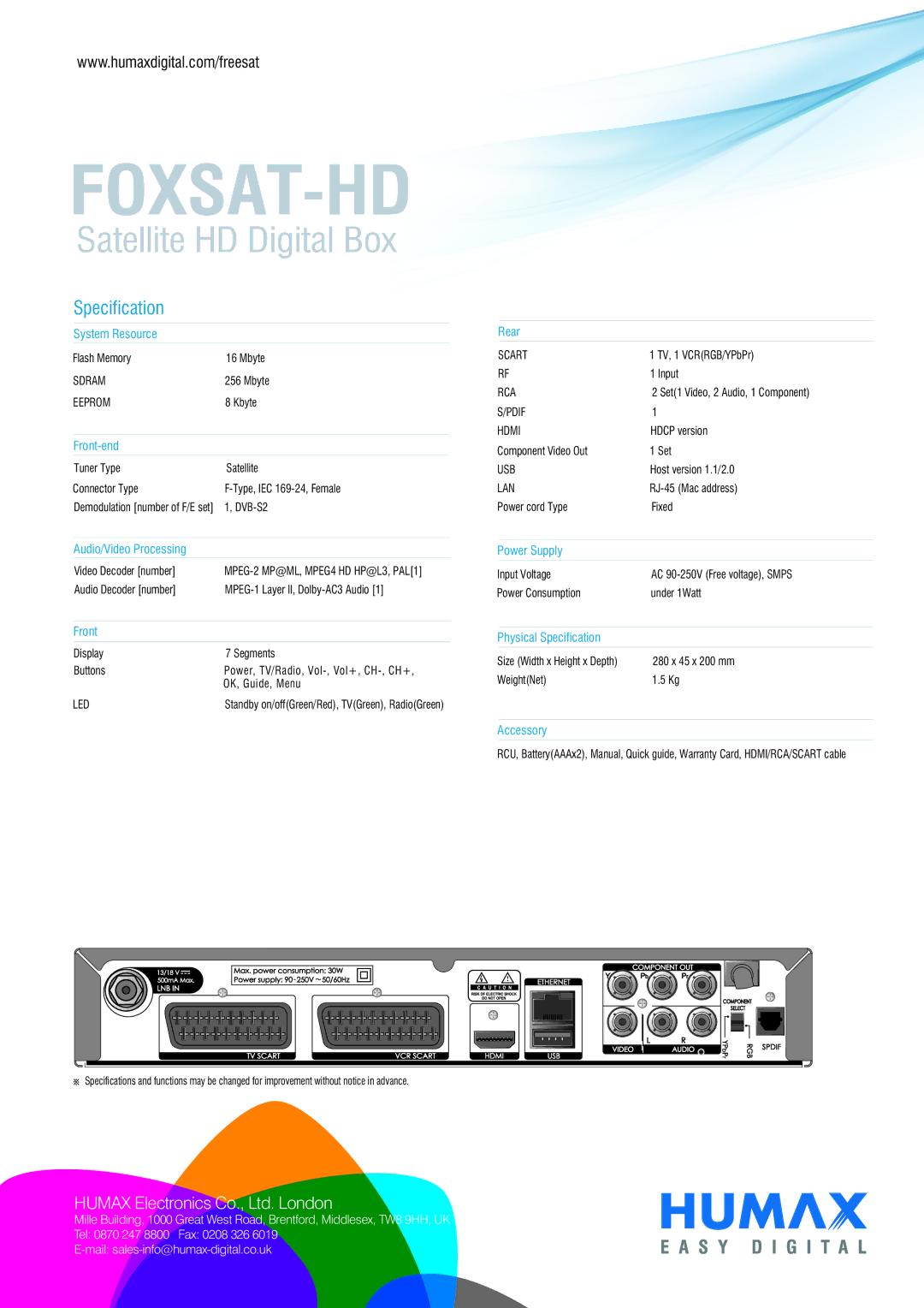 Humax FOXSAT-HD manual Foxsat-Hd, Satellite HD Digital Box, Specification 