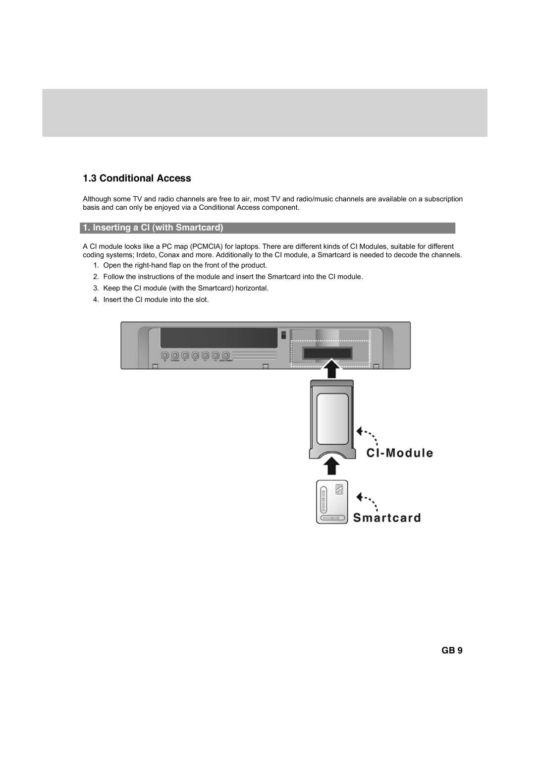 Humax HDCI-2000 manual Conditional Access, Inserting a CI with Smartcard 