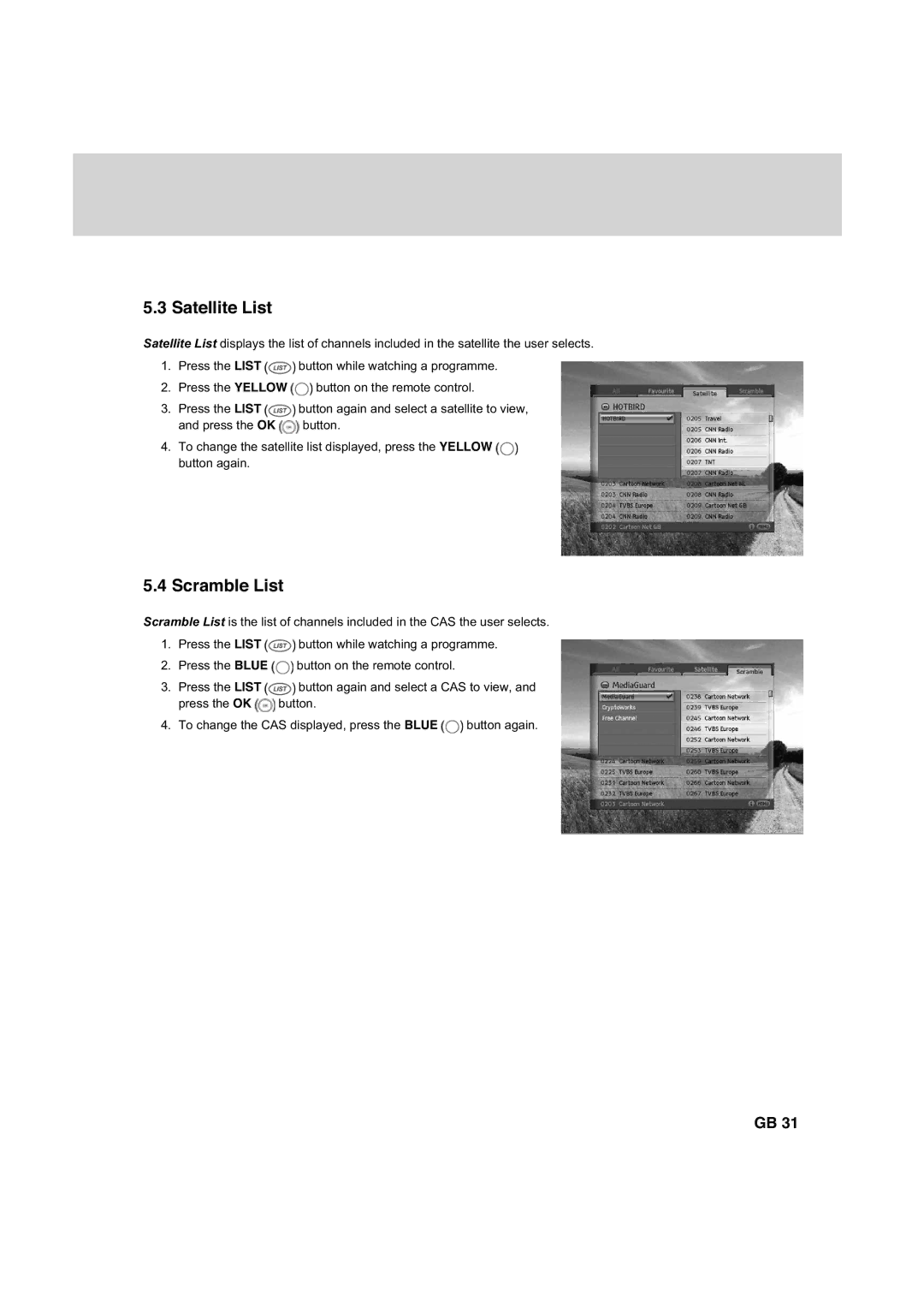 Humax HDCI-2000 manual Satellite List, Scramble List 