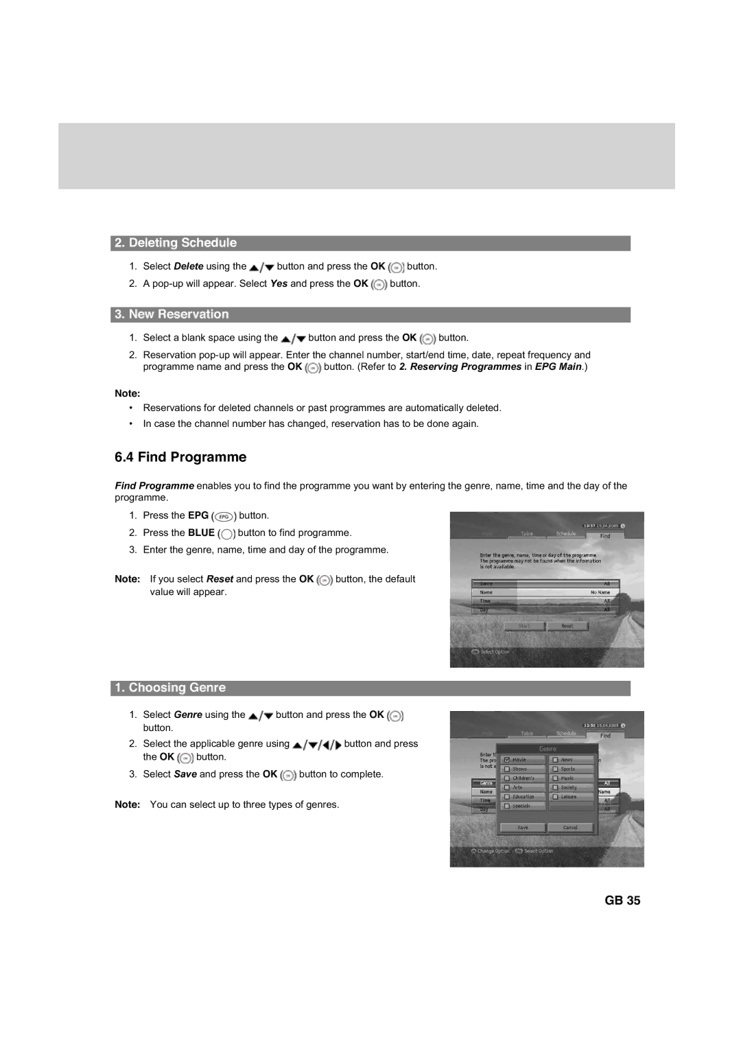 Humax HDCI-2000 manual Find Programme, Deleting Schedule, New Reservation, Choosing Genre 