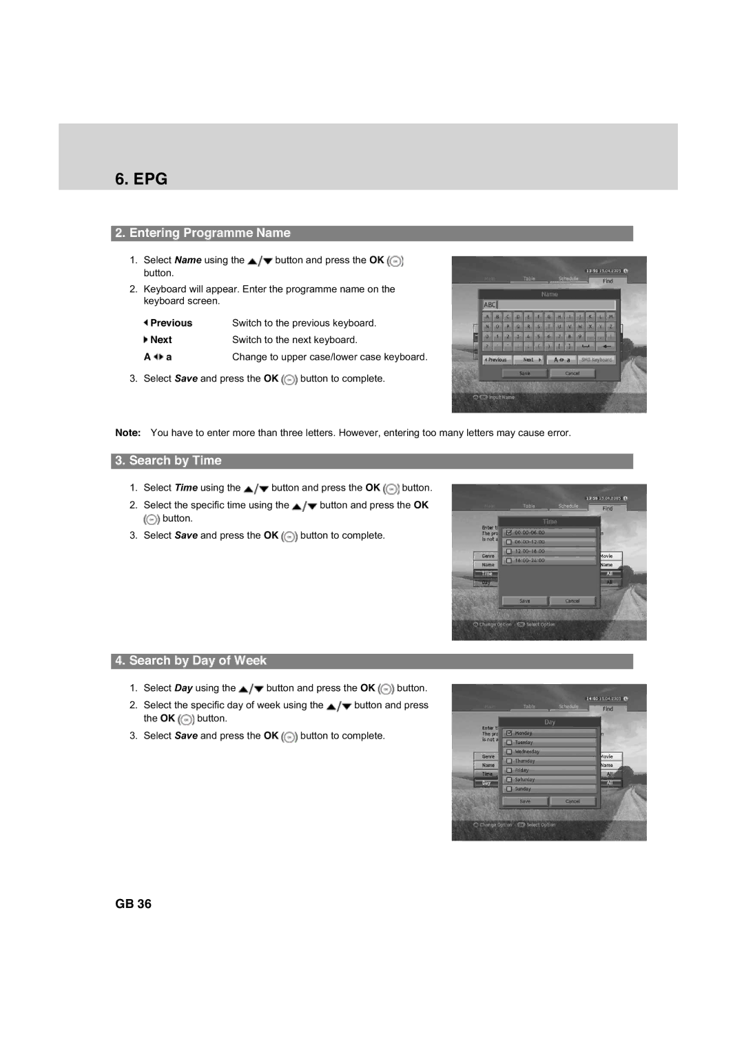 Humax HDCI-2000 manual Entering Programme Name, Search by Time, Search by Day of Week 