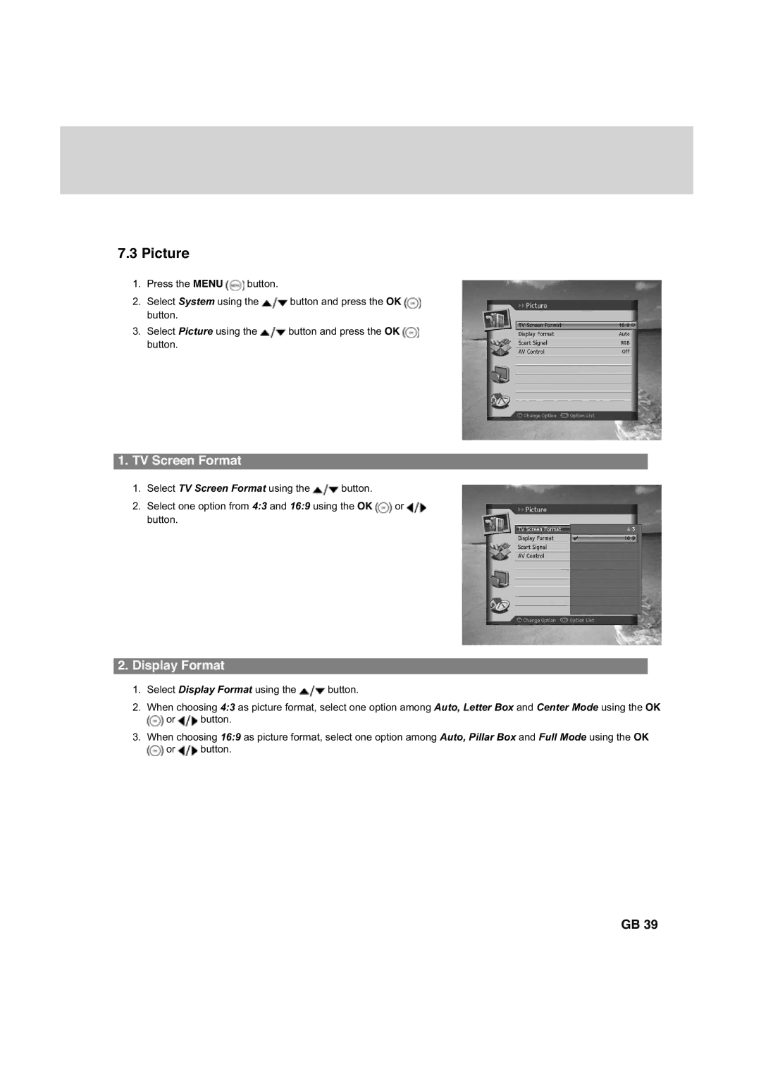 Humax HDCI-2000 manual Picture, TV Screen Format, Display Format 