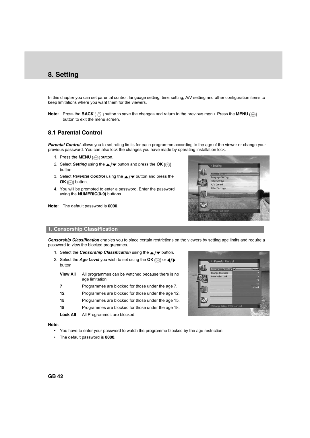 Humax HDCI-2000 manual Setting, Parental Control, Censorship Classification 