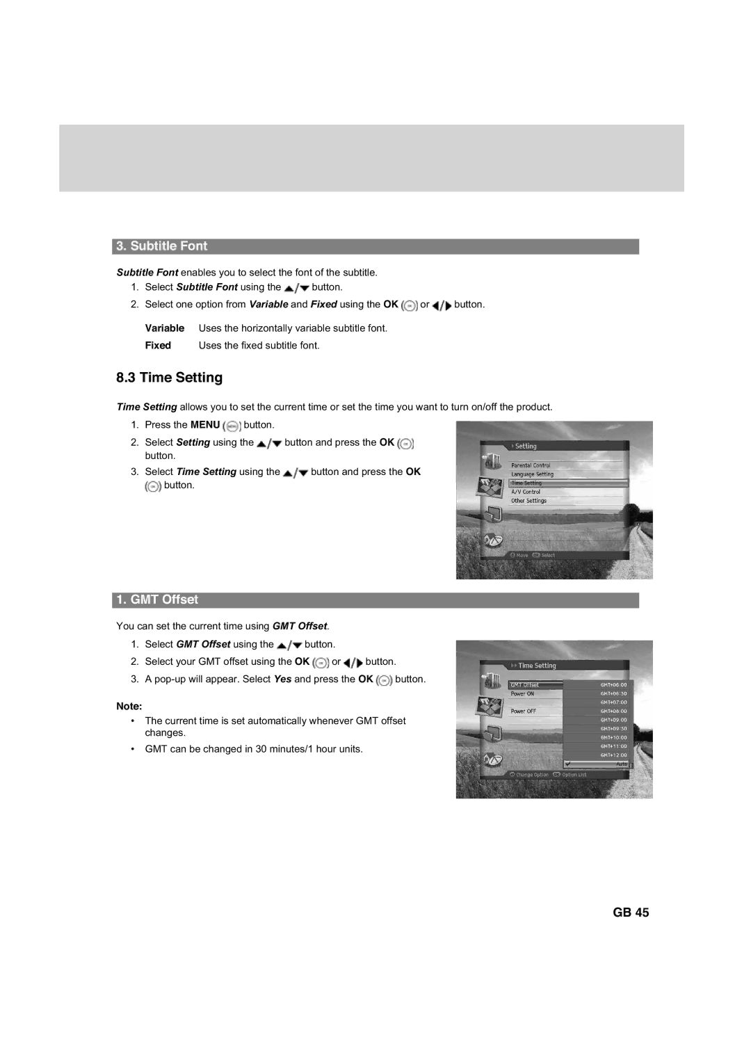 Humax HDCI-2000 manual Time Setting, Subtitle Font, GMT Offset 