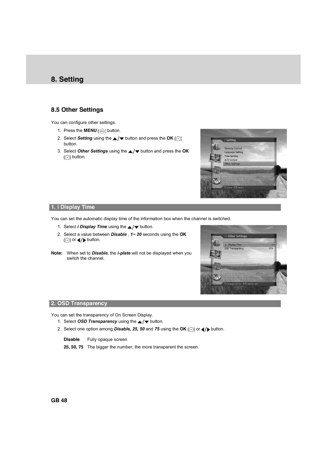 Humax HDCI-2000 manual Other Settings, Display Time, OSD Transparency 