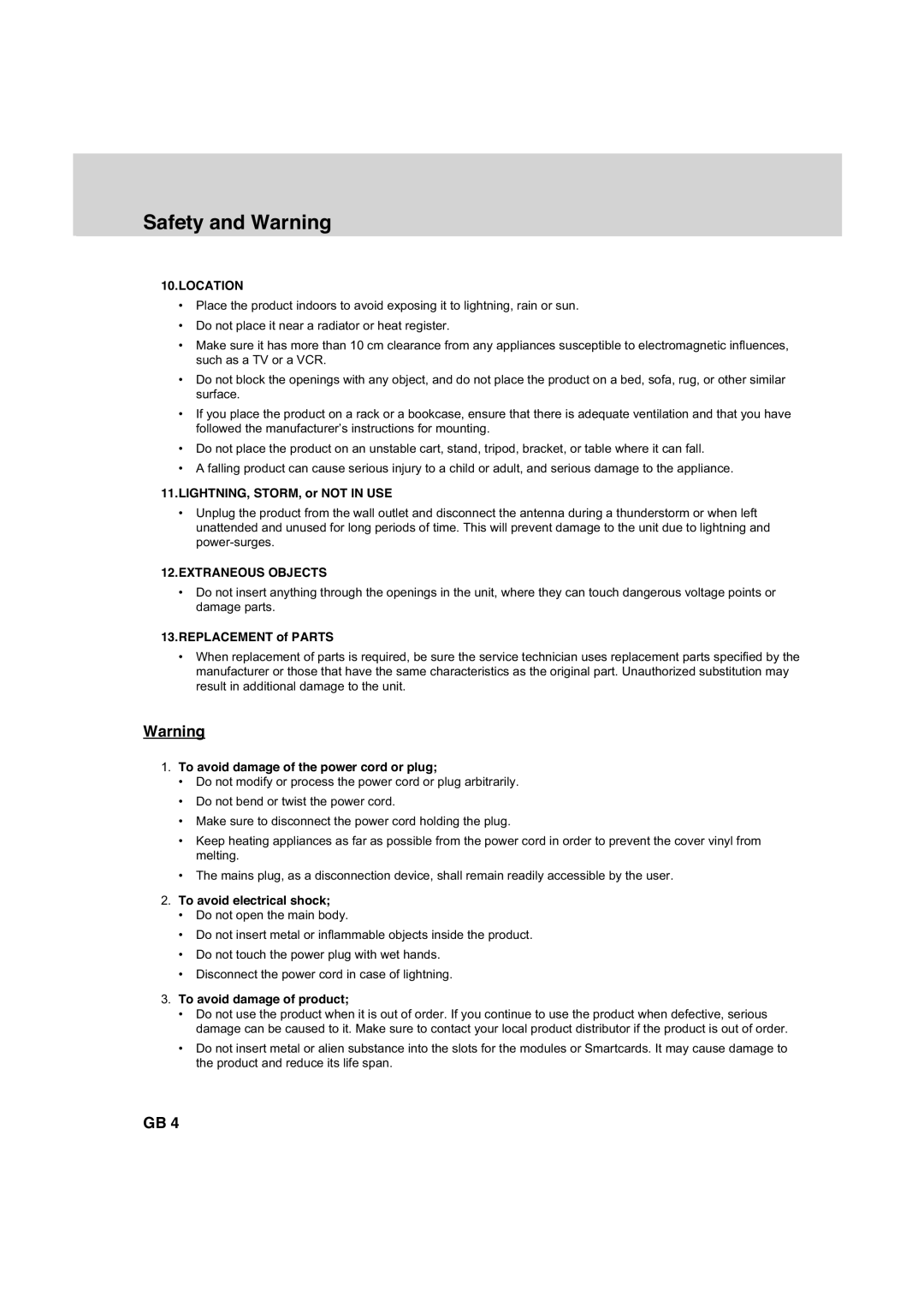 Humax HDCI-2000 manual LIGHTNING, STORM, or not in USE, Replacement of Parts, To avoid damage of the power cord or plug 