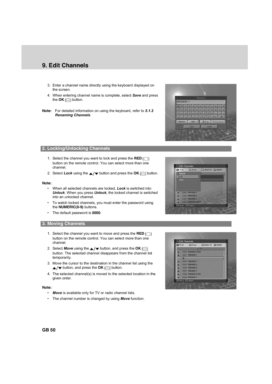 Humax HDCI-2000 manual Locking/Unlocking Channels, Moving Channels 