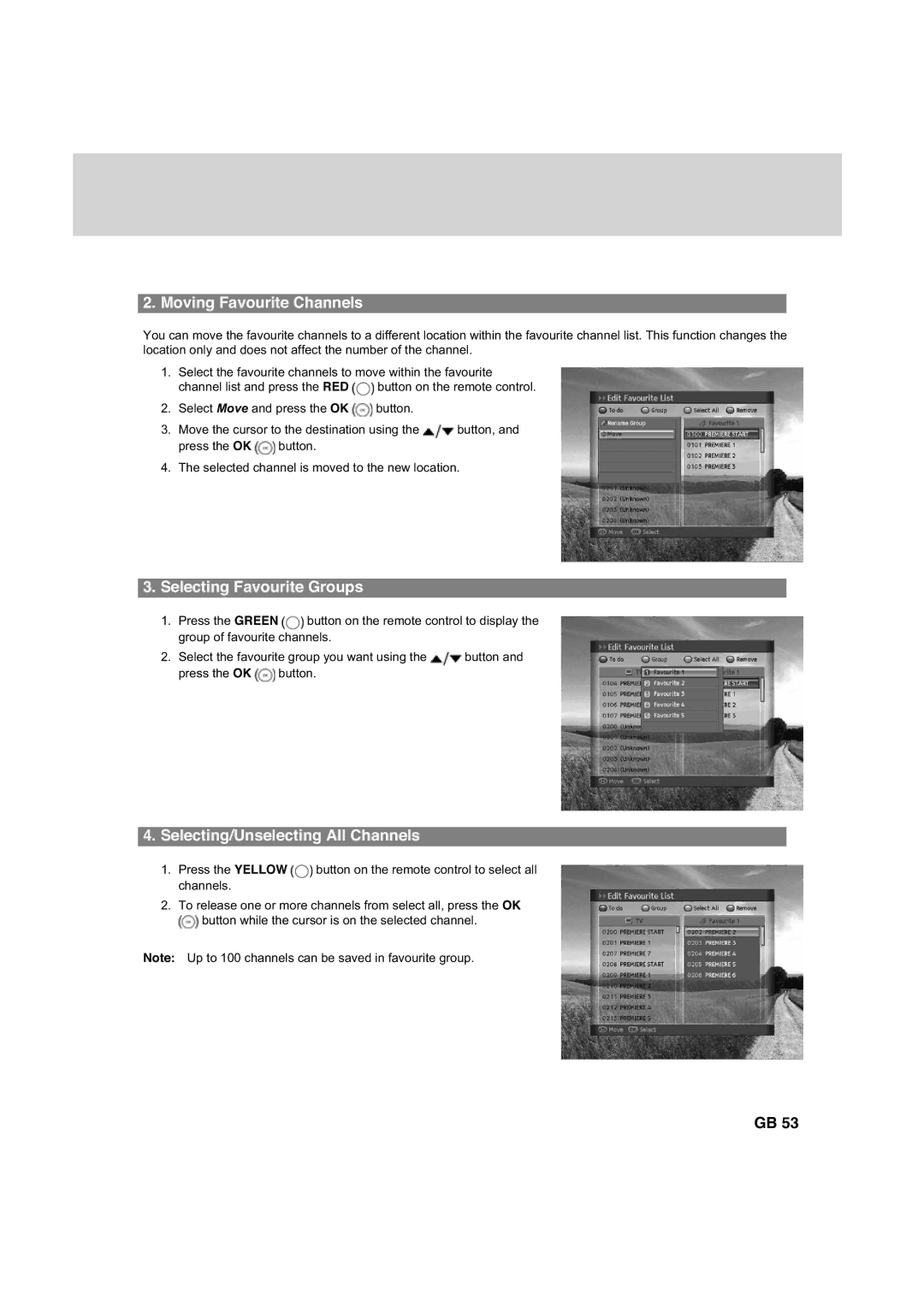 Humax HDCI-2000 manual Moving Favourite Channels, Selecting Favourite Groups, Selecting/Unselecting All Channels 