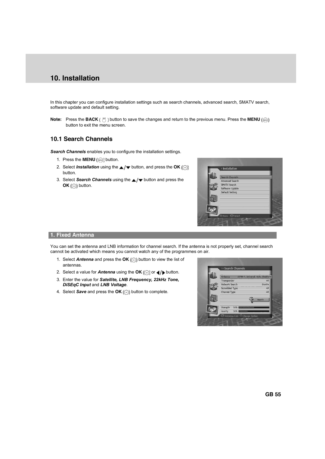 Humax HDCI-2000 manual Installation, Search Channels, Fixed Antenna 