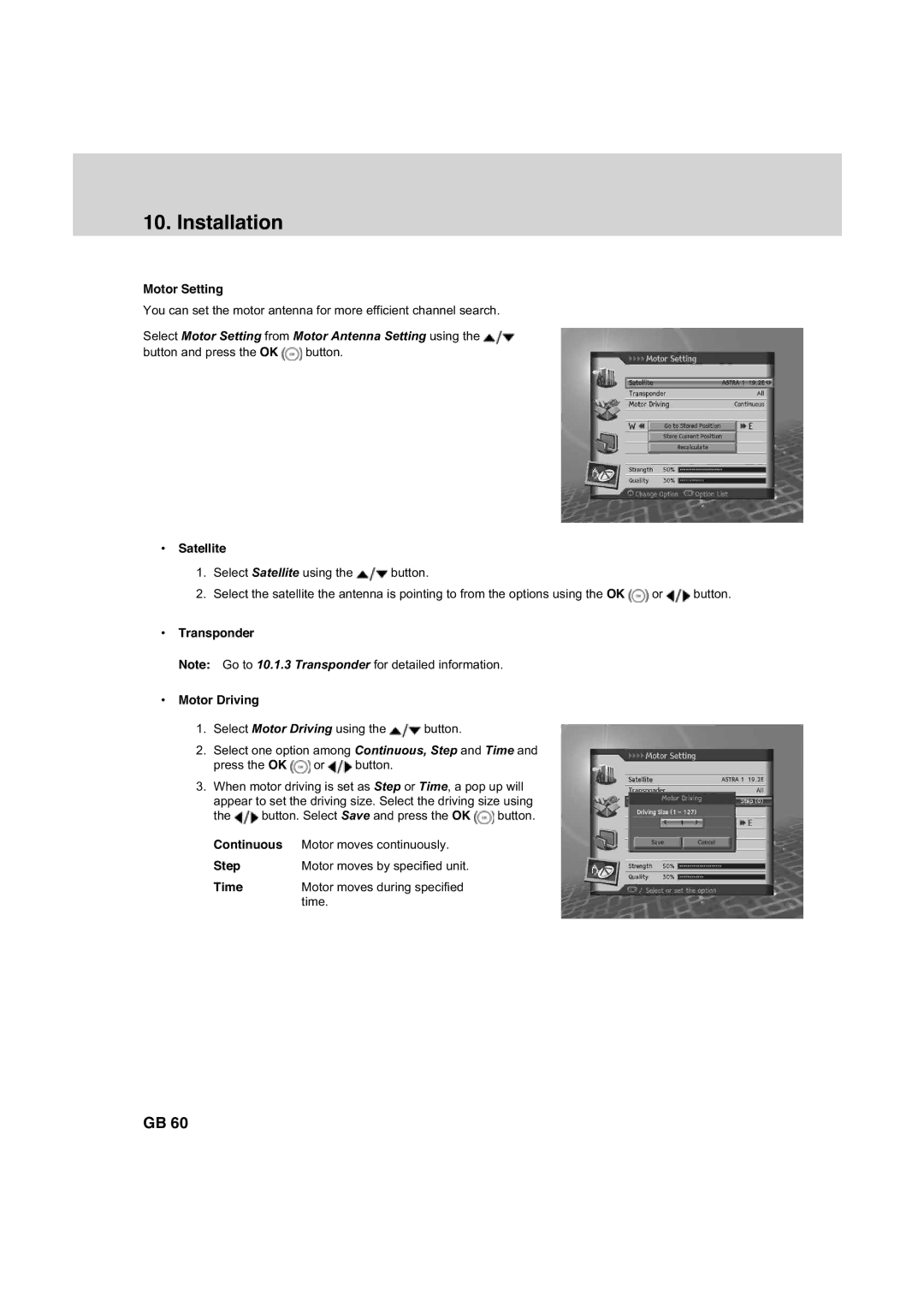 Humax HDCI-2000 manual Motor Setting, Transponder Motor Driving, Continuous Motor moves continuously Step 