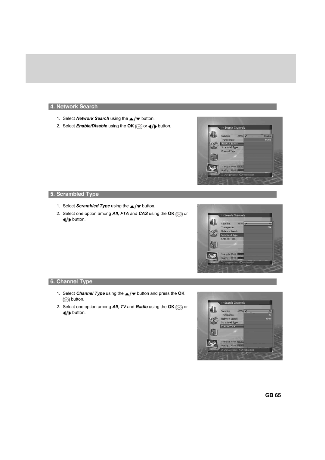 Humax HDCI-2000 manual Network Search, Scrambled Type, Channel Type 