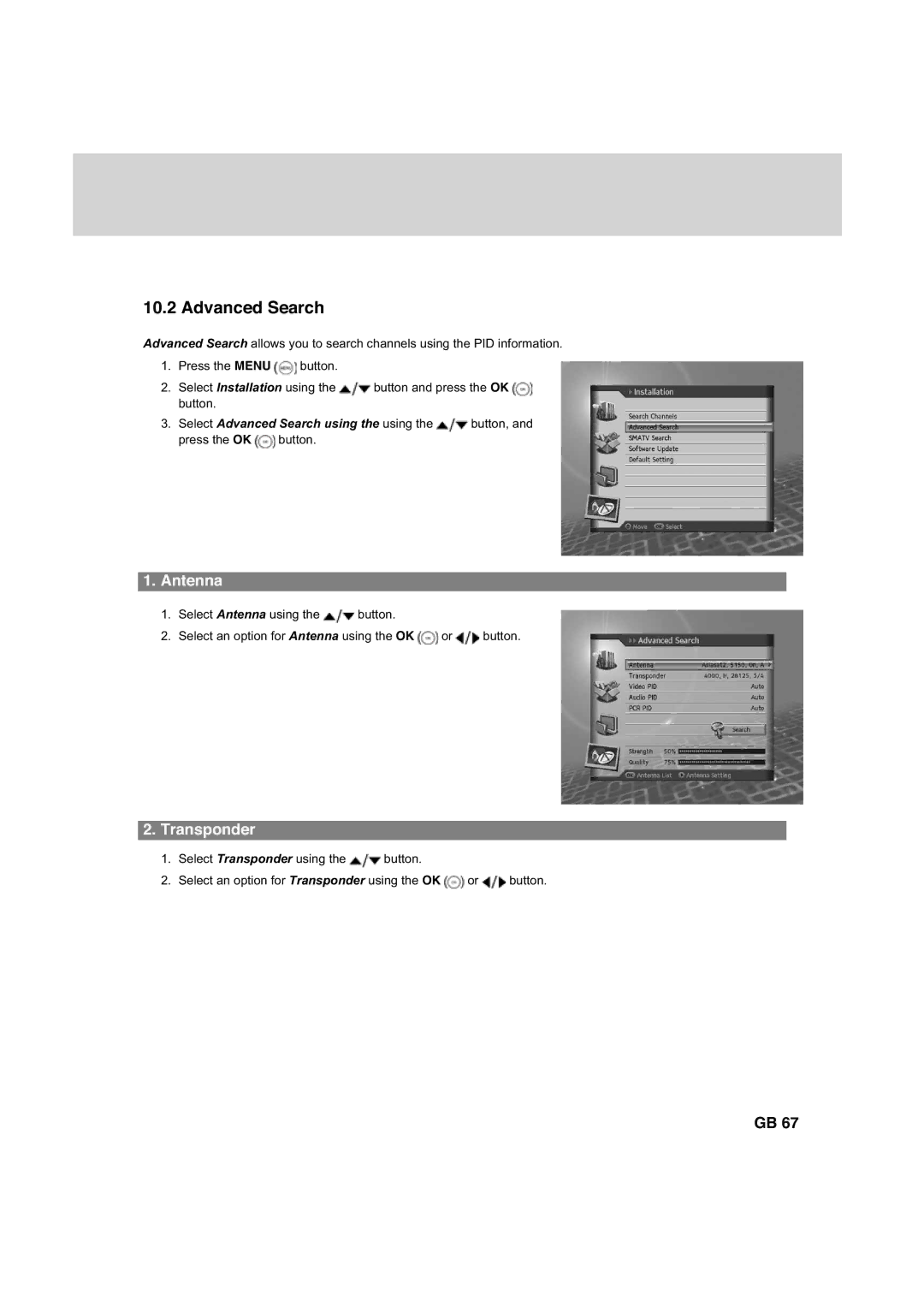 Humax HDCI-2000 manual Advanced Search, Antenna 