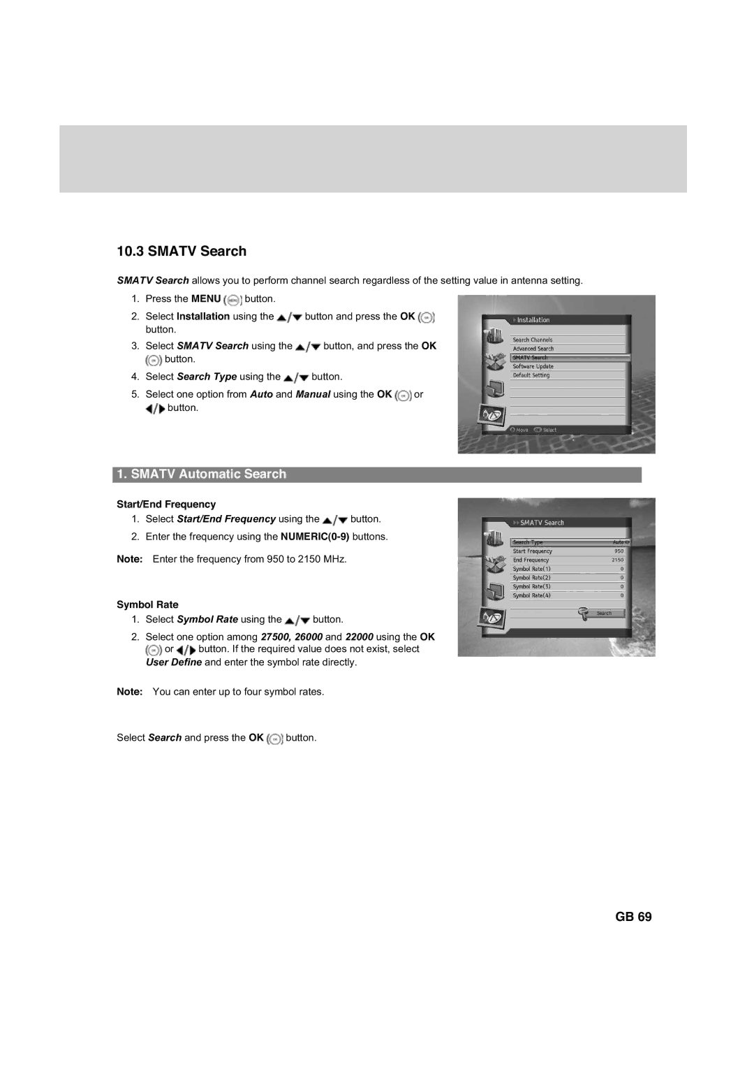 Humax HDCI-2000 manual Smatv Search, Smatv Automatic Search, Start/End Frequency 