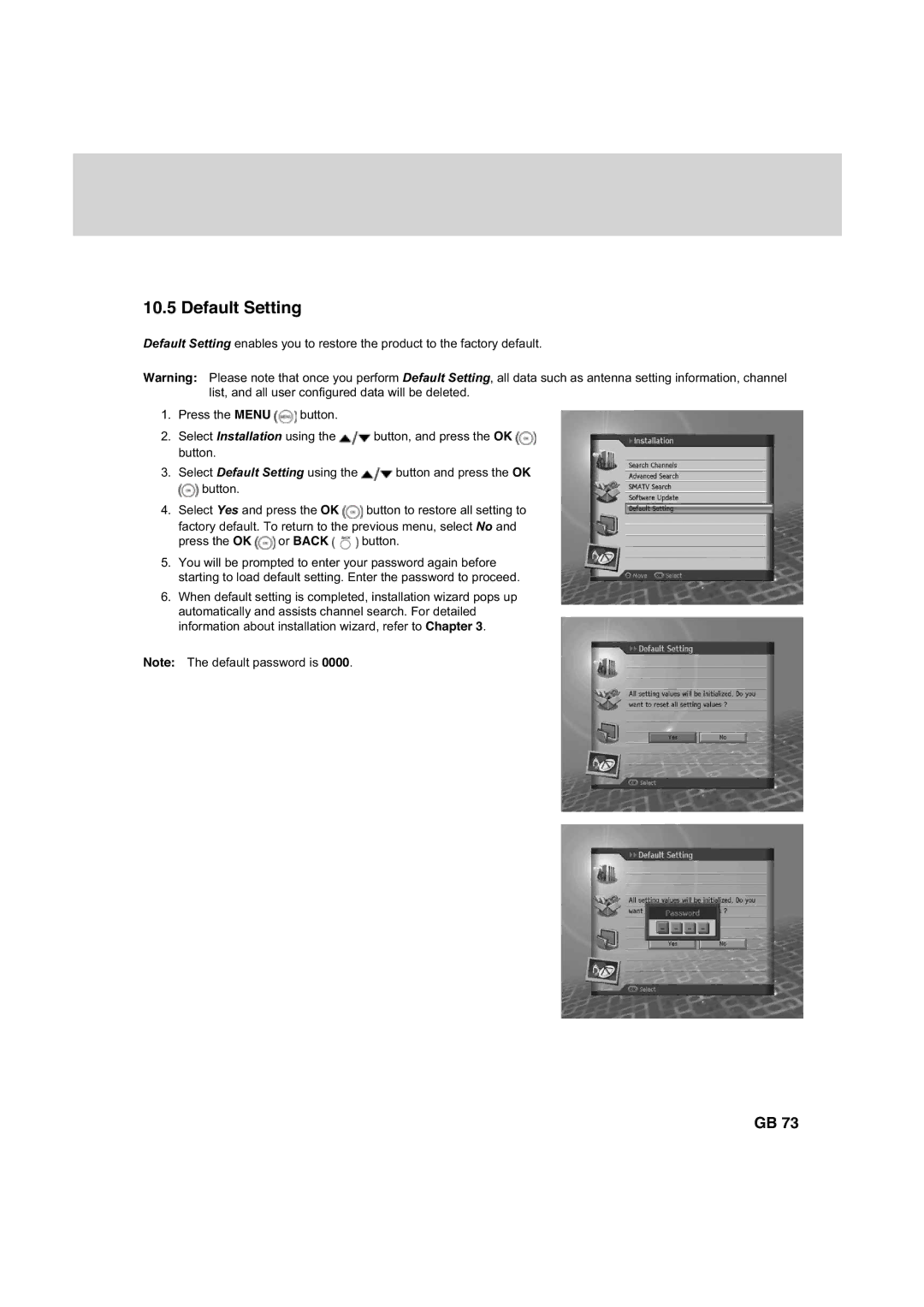 Humax HDCI-2000 manual Default Setting, Press the OK or Back button 