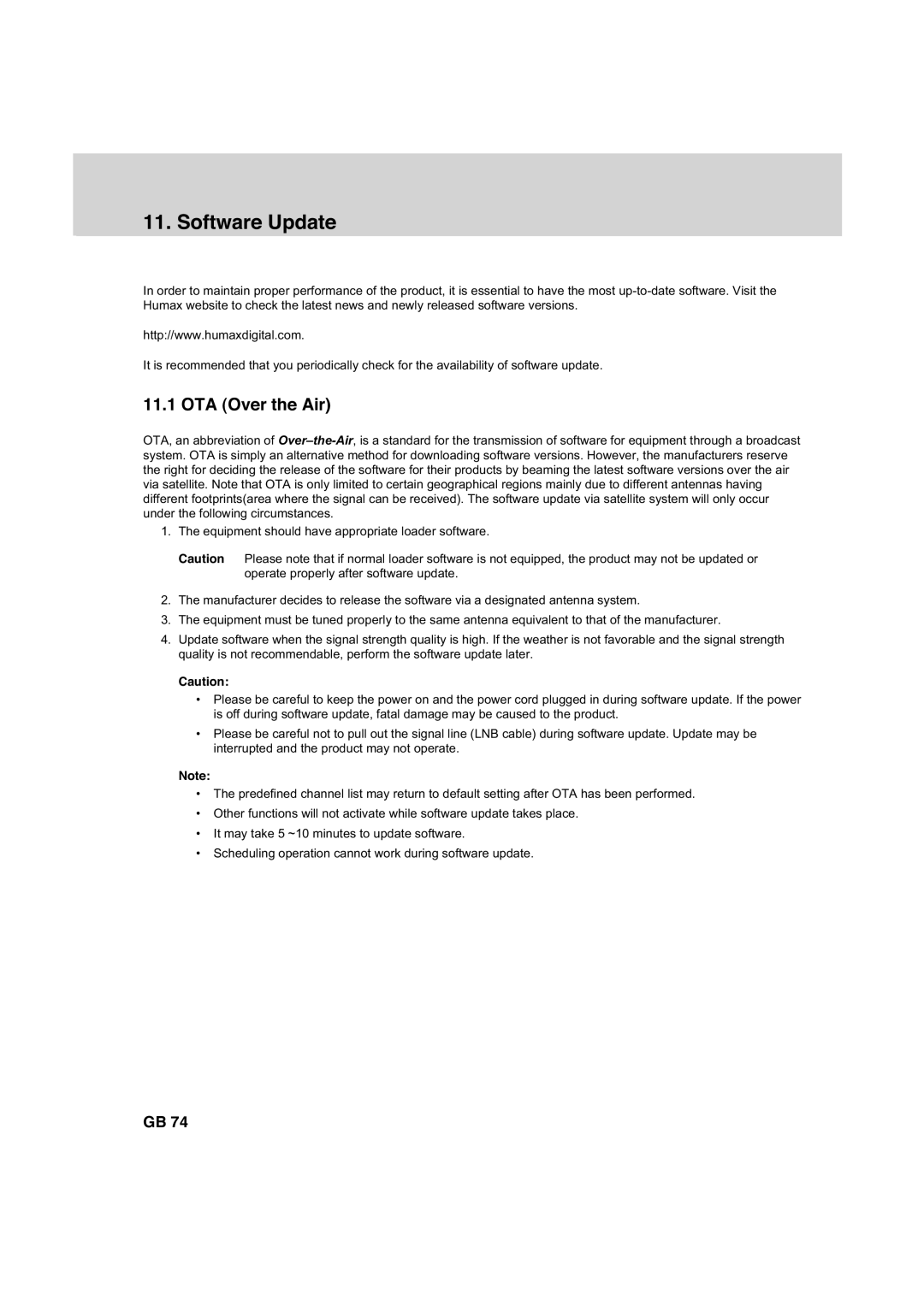 Humax HDCI-2000 manual Software Update, OTA Over the Air 