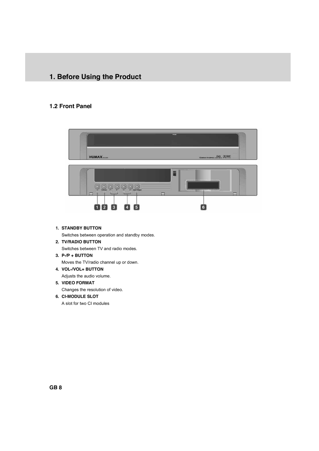 Humax HDCI-2000 manual Front Panel, P + Button 