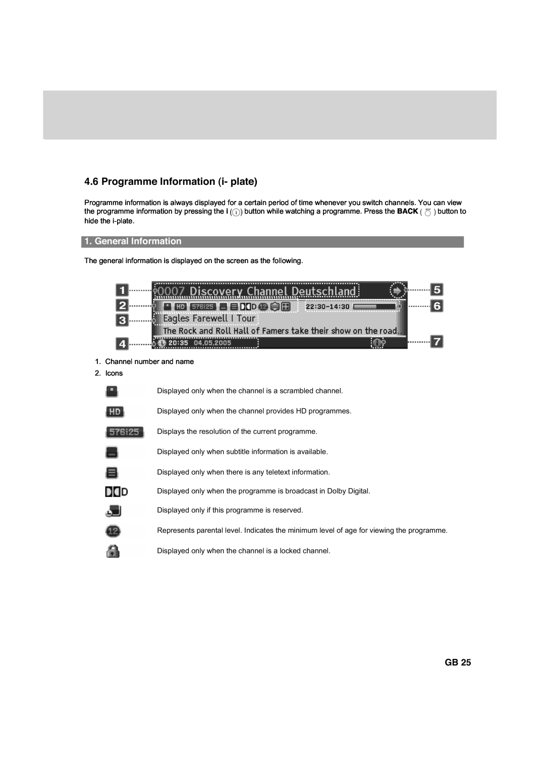 Humax HDCI-2000 manual Programme Information i- plate, General Information 